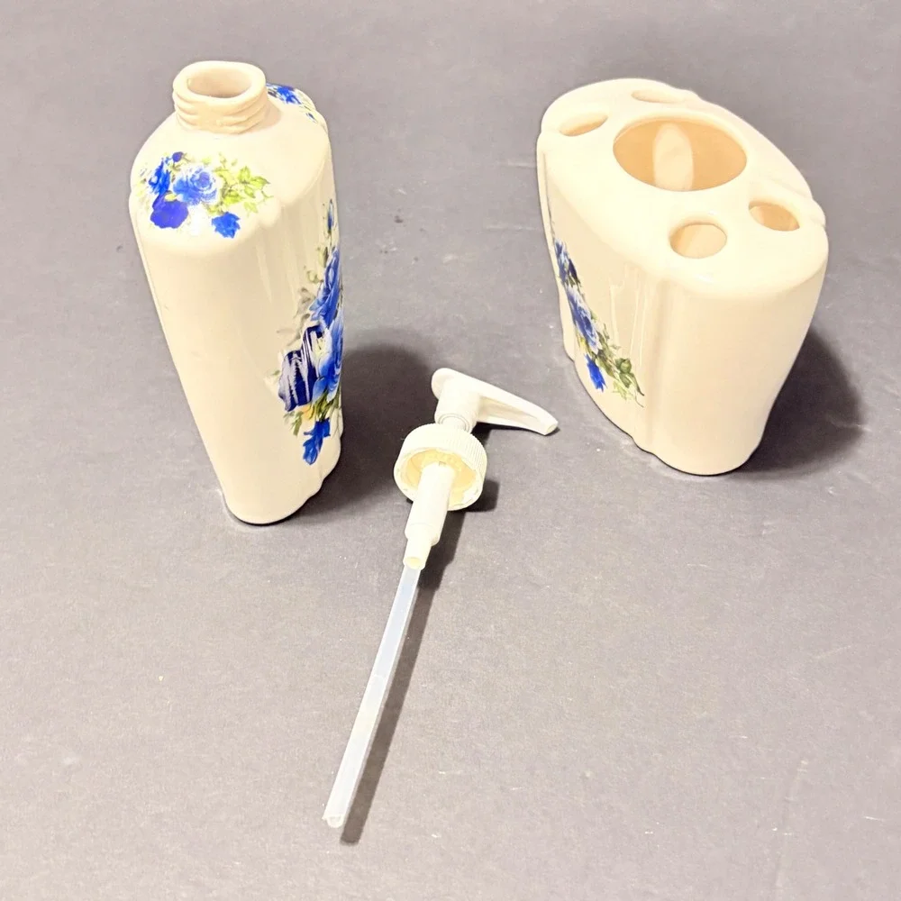 Crown Heritage Blue Rose Ceramic Soap Dispenser & Toothbrush Holder Set England
